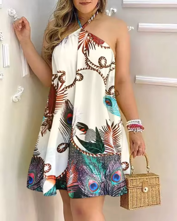 Tropical Print Halter Neck Dress, Vacation Style Backless Dress For Spring & Summer, Women's Clothing - Image 4