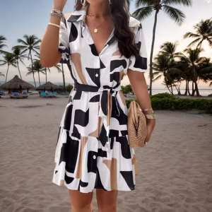 Summer Casual Dress Floral Lace-up Turn Down Collar Holiday Beach Vestido Elegant Short Sleeve Collared Button Shirt Dresses