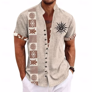 Men's linen short-sleeved shirt, fashion, retro style, national totem printing, comfort and breathing, men's top shirt, hawaiian