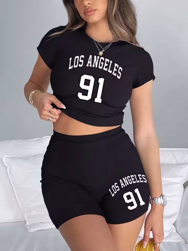 Women Slim Crop T-Shirts & Shorts Two Pieces Set Brooklyn New York City Art Letter Prints Tops Fashion Modal Cotton Soft Clothes - Image 4