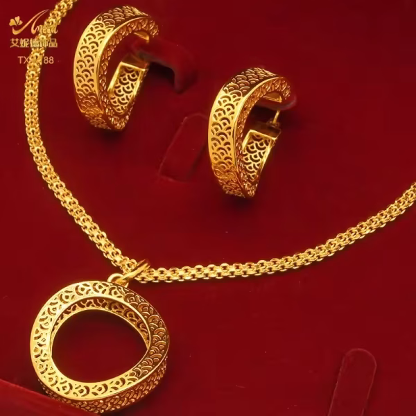 24K Gold-plated Two Piece Copper Jewelry Set India Dubai Jewelry Gold Warped Geometry Necklace Earrings - Image 4