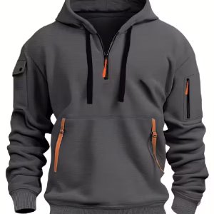 2025 Men's Half - Zip Hoodie, Gray with Orange Accents, Multi - Pocket, Casual Outdoor Sweatshirt