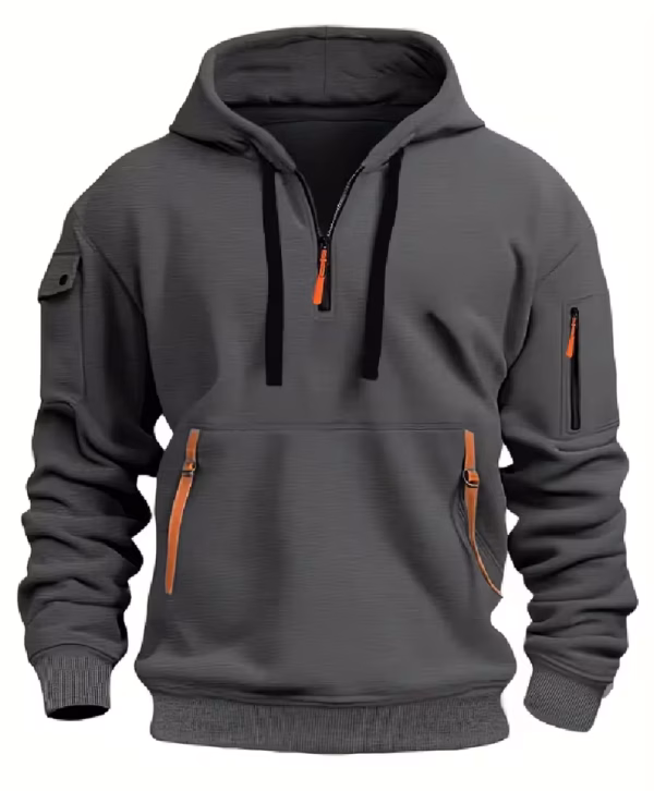 2025 Men's Half - Zip Hoodie, Gray with Orange Accents, Multi - Pocket, Casual Outdoor Sweatshirt