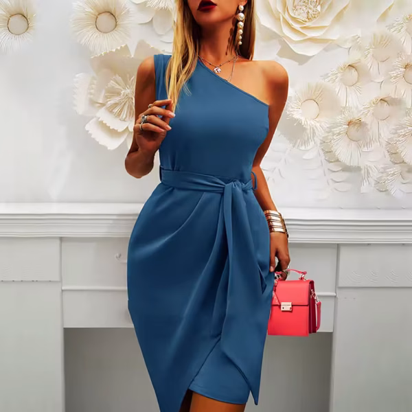 Summer Women's Fashion Dress Commuting Style 2025 New Pure Color Sleeveless Off-shoulder Asymmetrical Belt Evening - Image 2