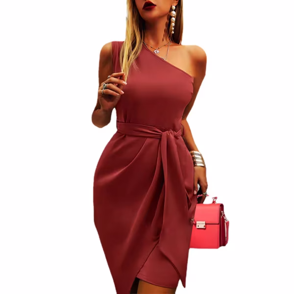 Summer Women's Fashion Dress Commuting Style 2025 New Pure Color Sleeveless Off-shoulder Asymmetrical Belt Evening - Image 5