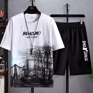 Summer Men's Sport Suit Unique Versatile Trendy Student Ice Silk T-Shirt Short Sleeves 2-Piece Set Loose Fit 2-Piece Set