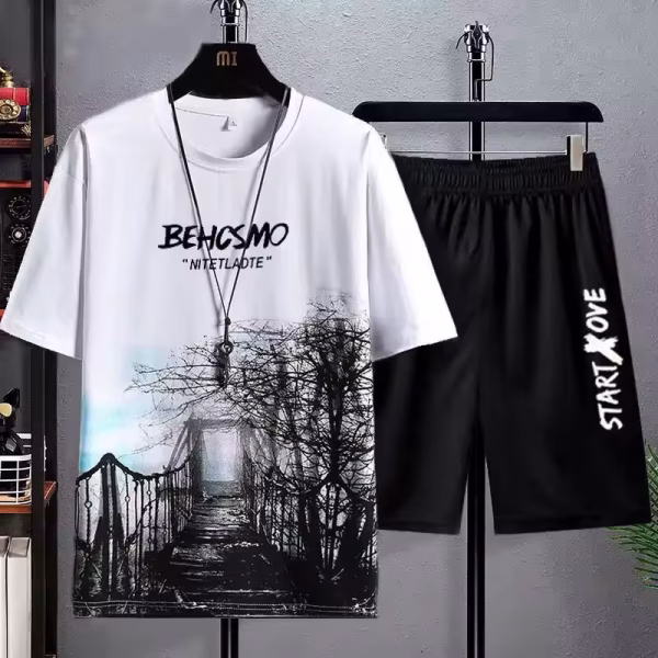 Summer Men's Sport Suit Unique Versatile Trendy Student Ice Silk T-Shirt Short Sleeves 2-Piece Set Loose Fit 2-Piece Set