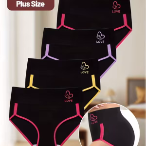 4pcs Women'S Mid-Rise Briefs, Elegant Polyester and Elastane Knit Fabric Underwear, Color Block Design with Tummy Control
