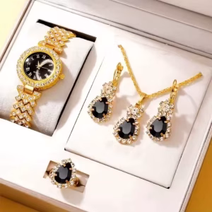 1pcs fashionable women's quartz watch set, equipped with heart-shaped jewelry -6-pcs alloy round case