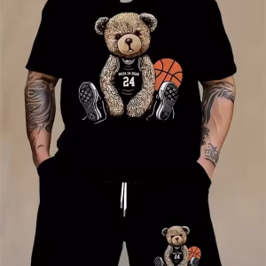 Men's T Shirt Shorts Set 3D Printing Cartoon Bear Basketball Pattern Two Piece Suit Summer Daily Outdoor Sports Fitness Clothing