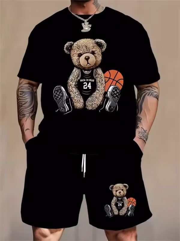 Men's T Shirt Shorts Set 3D Printing Cartoon Bear Basketball Pattern Two Piece Suit Summer Daily Outdoor Sports Fitness Clothing