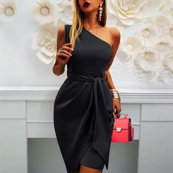 Summer Women's Fashion Dress Commuting Style 2025 New Pure Color Sleeveless Off-shoulder Asymmetrical Belt Evening - Image 6